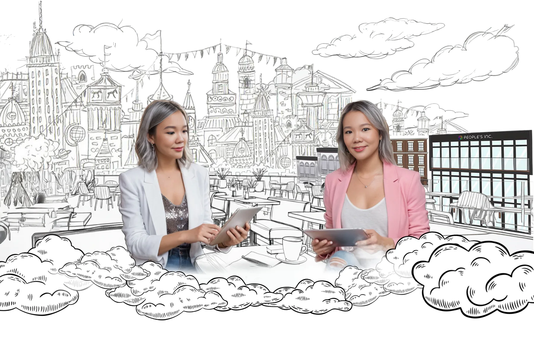 Sabrina and Seraphina working in a cafe in the clouds
